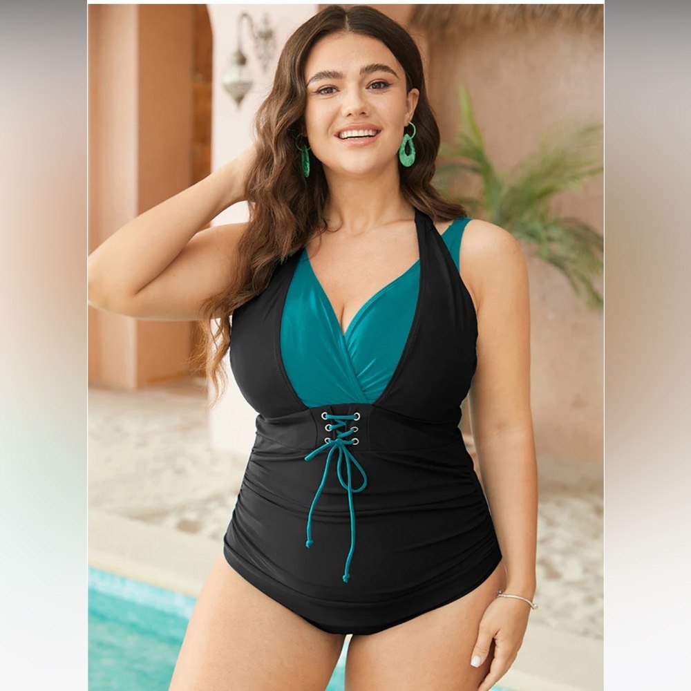 BloomChic NEW Halter 2Tone Ruched Wrap Drawstring 1 Piece Swimsuit Black Teal 28